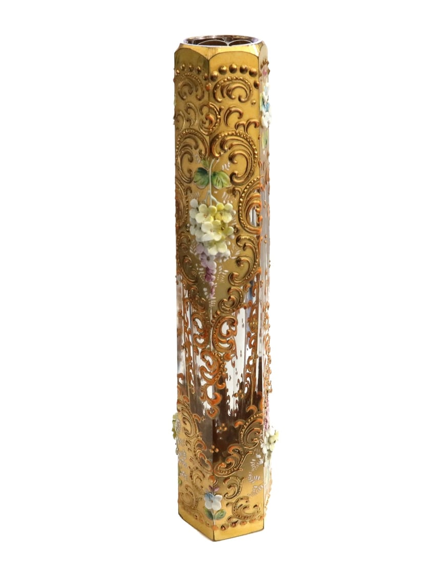 Moser Gilt Glass Hexagonal Lobed Vase Enameled Flowers Mid Century: Attributed to Moser gilt glass hexagonal lobed vase, Mid Century. Applied enamel flowers throughout with gilt foliate scrolls throughout. Weight: Approx.1 lbs Measurements: Approx. 1.325 inches diamet