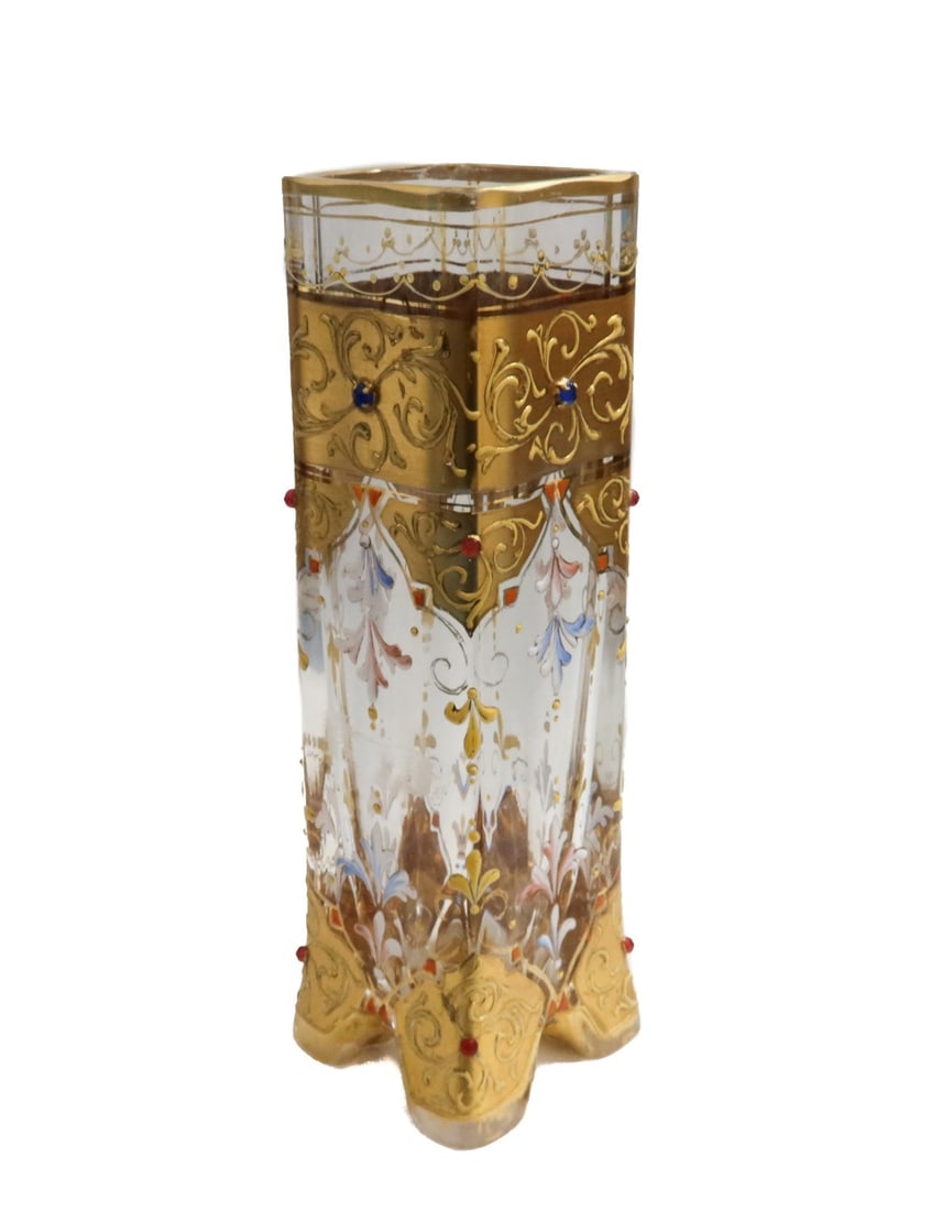 Moser Gilt Glass Square Footed Vase Enameled Jeweled Beads circa 1930: Moser gilt glass square footed vase, circa 1930. Multi-colored enameled jeweled beads throughout with gilt foliate scrolls. Marked "M.1" to underside for Moser Weight: Approx.1 lbs Measurements: Appro