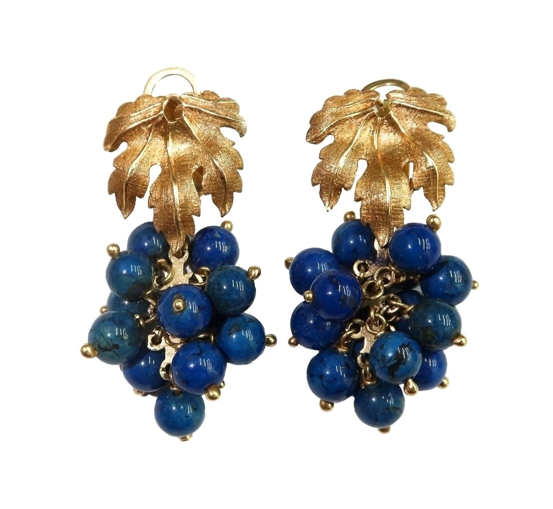 14k Yellow Gold and Lapis Lazuli Grape Earrings: 14k Yellow Gold and Lapis Lazuli Grape Earrings. Carved gold leaves with round lapis lazuli beads in a grape form measuring approximately 6.1mm. Marked 14k Italy. Weight Approx. 15.66 grams Measuremen
