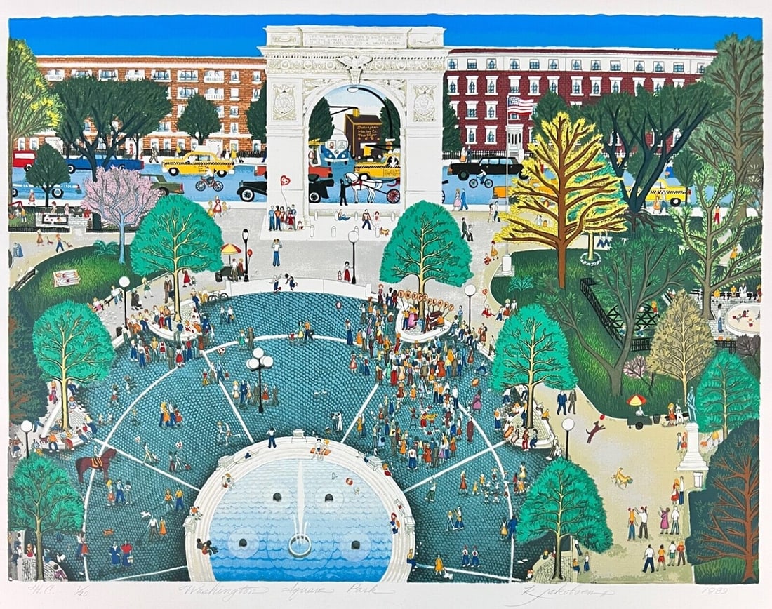 Katherine Jakobsen Screenprint Washington Square Park NYC 1989: Katherine Jakobsen (American 1952) Screenprint in colors, titled 'Washington Square Park' (New York City). Hors Commerce limited edition of 20. Signed and dated in pencil lower right. Unframed. Measur
