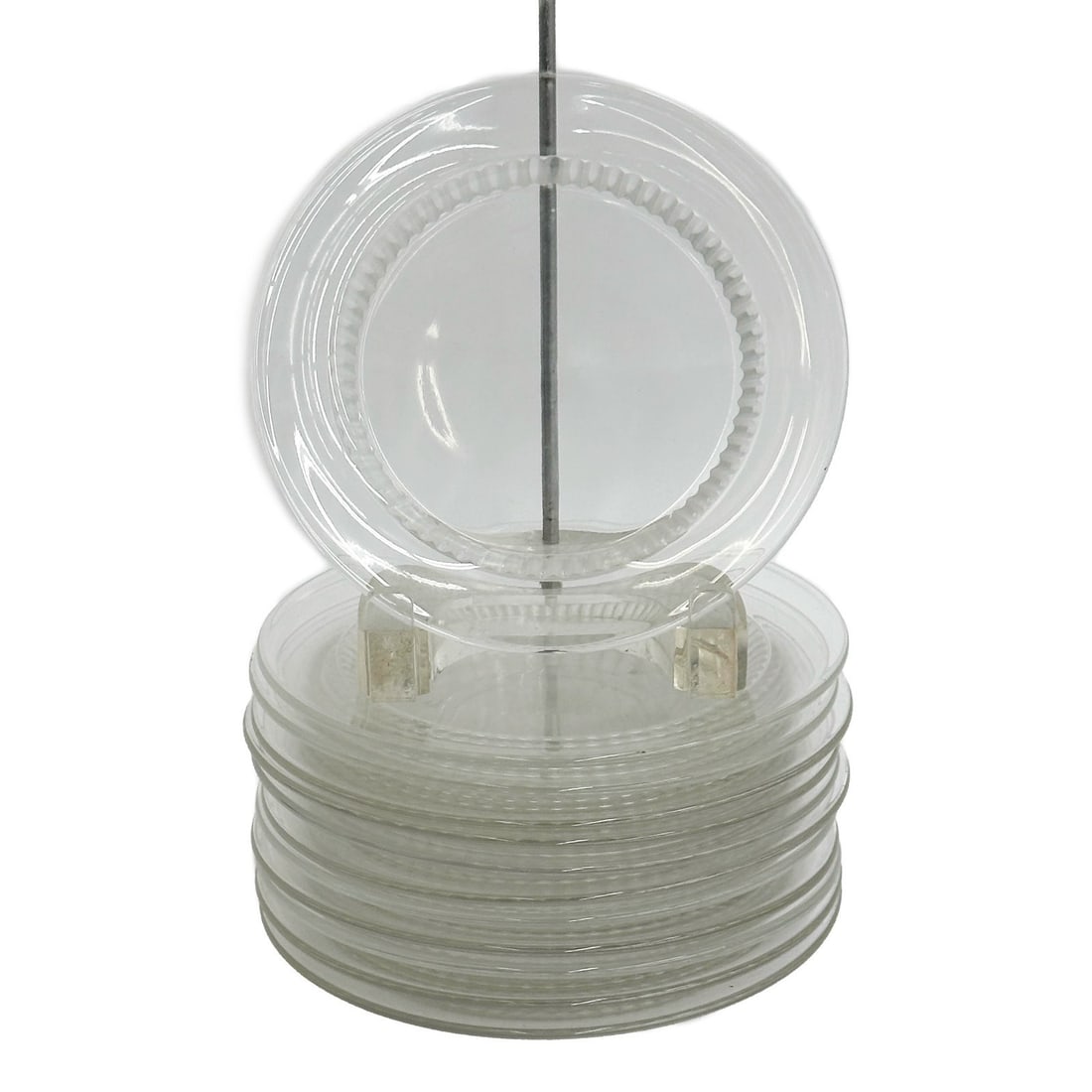 12 Lalique France Clear Glass 6in Plates in Bambou Bamboo Signed: 12 Lalique France Glass Plates in Bambou. Clear glass plates with bamboo pattern feet. Underside marked Lalique France. Weight: Approx. 4 lb Measurements: Approx. 6.375 inches diameter Condition: Good