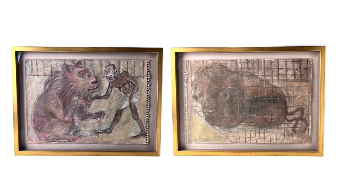 Francisco Lopez Toledo Chalk Drawings Ghandi and the Lions: Francisco Benjamin Lopez Toledo (Mexican Zapotec 1940-2019) Chalk Drawings, Ghandi and the Lions. Signed lower right and lower left. Originally from a notebook, the two drawings are actually two parts