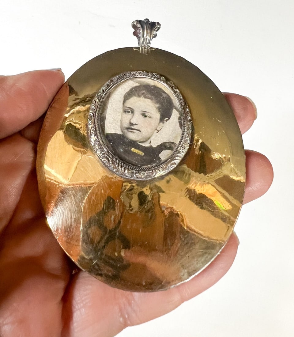 Victorian 2-sided Memorial Portrait Pendant Silver vermeil: Victorian 2-sided Memorial Portrait Pendant Silver vermeil. Unmarked, tested silver. 19th Century. Tinted photograph on paper/paperboard. Measurements: Approx. 2.875 in length without bale x 2.375; 3.