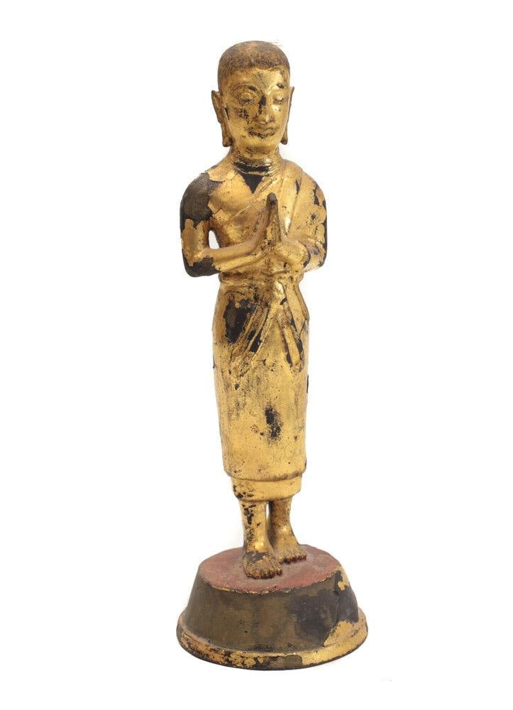 Thai Lacquer Gilt Bronze Luohan / Arhat buddhist Standing figure Anjali Mudra (1 of 4)