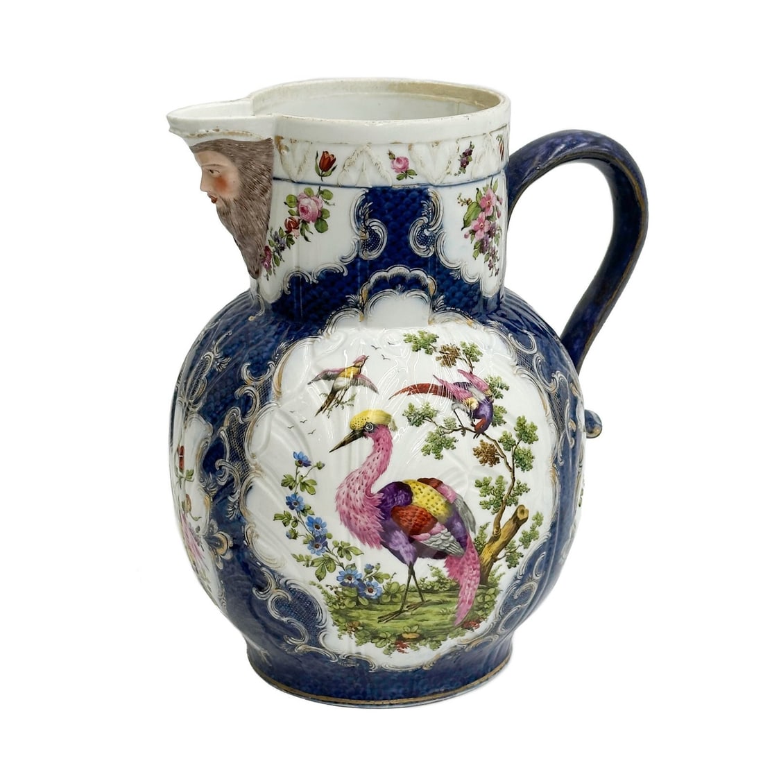 Royal Worcester Dr Wall England Porcelain Birds Mask Large Pitcher Jug c1770: Royal Worcester England Dr. Wall Hand Painted Porcelain Large Pitcher or Vase. Blue scale decoration, birds to center. Gilt accents. Figural mask to the mouth. Underside with Dr. Wall period Worcester
