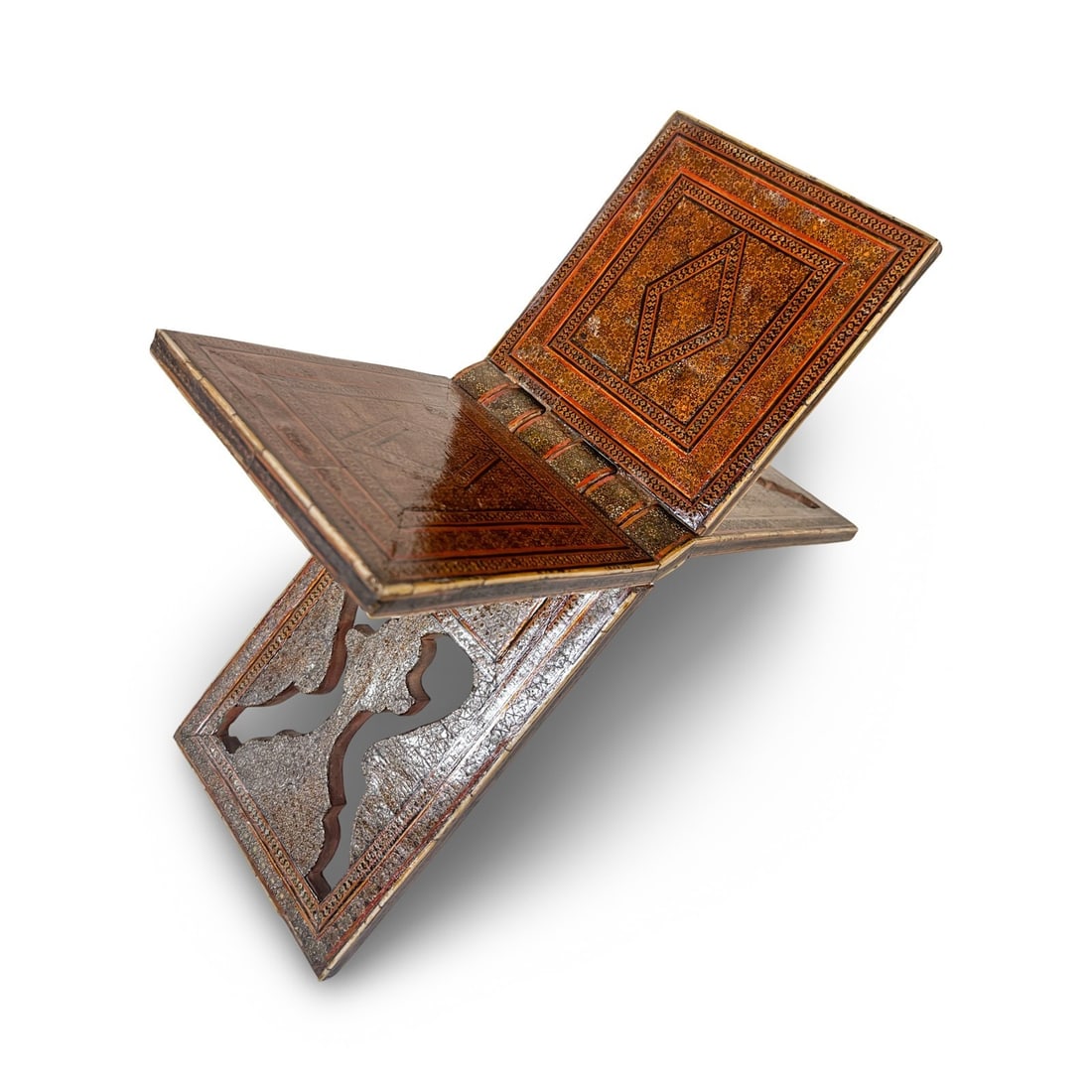 19th Century Persian Khatamkari Folding Quran Stand Marquetry: 19th Century Persian Khatamkari Folding Quran Stand (rahla) with marquetry inlays, hand painted underside. Measurements: Approx. folded 6.75 x 19 x 1.125 inches; opened 6.75 x 18.375 x 12.25 inches Co