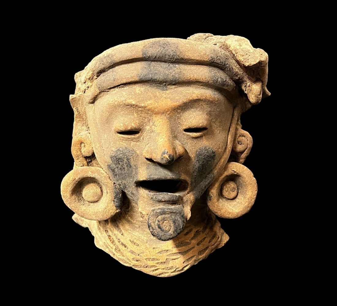 Pre-Columbian Pottery VERACRUZ Head fragment: Pre-Columbian Pottery VERACRUZ Head fragment, male with beard, Remojadas culture, headdress, ear spools, collar, closed eyes, opened mouth, indications of black slip. 2.4lb Measurements: Approx. 7.25 
