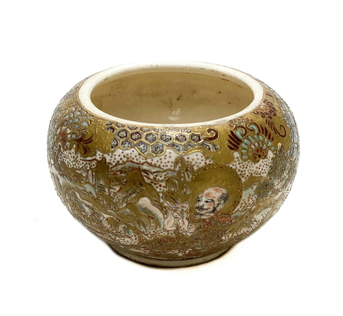 Japanese Satsuma Hand Painted Porcelain Miniature Vase, Meiji Period: Japanese Satsuma hand painted porcelain miniature vase, Meiji Period. Hand painted figures throughout the exterior with rich gilt accents. Enamel jewel dots throughout. The underside might have a mark