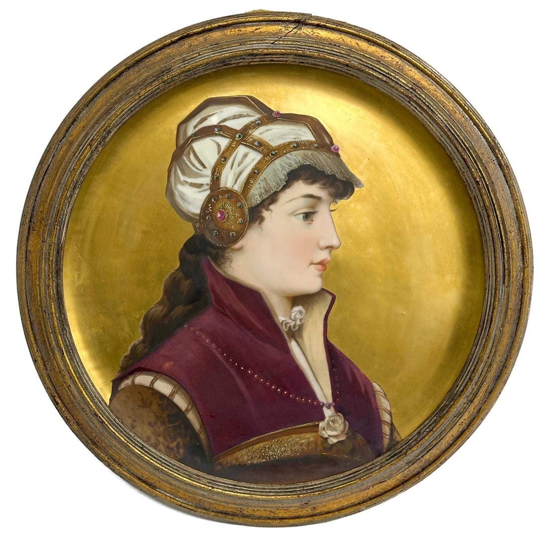 Royal Vienna Austria Hand Painted Porcelain Charger Signed Framed c1900: Royal Vienna Austria Hand Painted Porcelain Charger, circa 1900. Portrait of a woman to the charger, artist signed to the lower edge Schrobel. Mounted in a carved gilt wood frame. Underside of charger