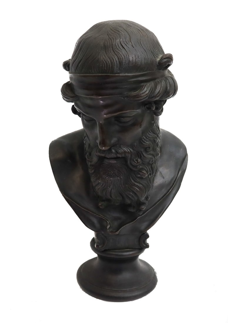 Patinated Bronze Bust of Dionysus 19th Century: Patinated Bronze of Dionysus, the Greek god of wine and theater. 19th Century. Unmarked. Weight: Approx.6 lbs Measurements: Approx. 5 inches x 9.5 inches tall Condition: Great condition. Wear to patin