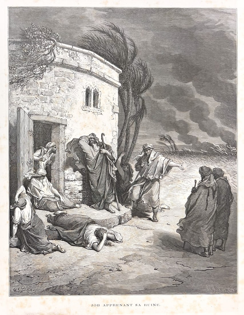 Gustave Dore Wood engraving Job Apprenant sa ruine La Grande Bible de Tours: Gustave Doré (1832–1883), Wood engraving on paper, title - Job Apprenant sa ruine, Signed in plate, Dore on the lower left, C Havrand lower right. Depicts the biblical scene of Job hearing of his r