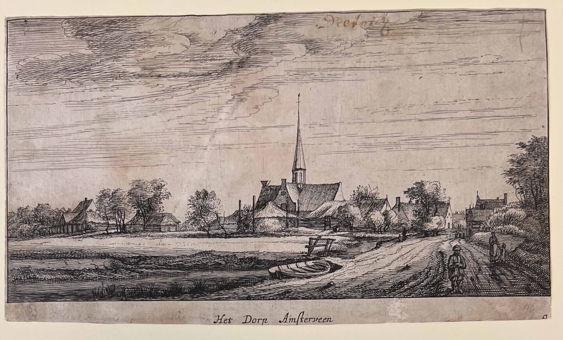 Geertruydt Roghman Landscape Etching Het Dorp Amsterveen 17th century: Geertruydt Roghman (1625-1657) Etching on laid paper, titled Het Dorp Amsterveen, from a series of landscapes created based on drawings by Roelant Roghman (Geertruyd's brother); hinge mounted to folio