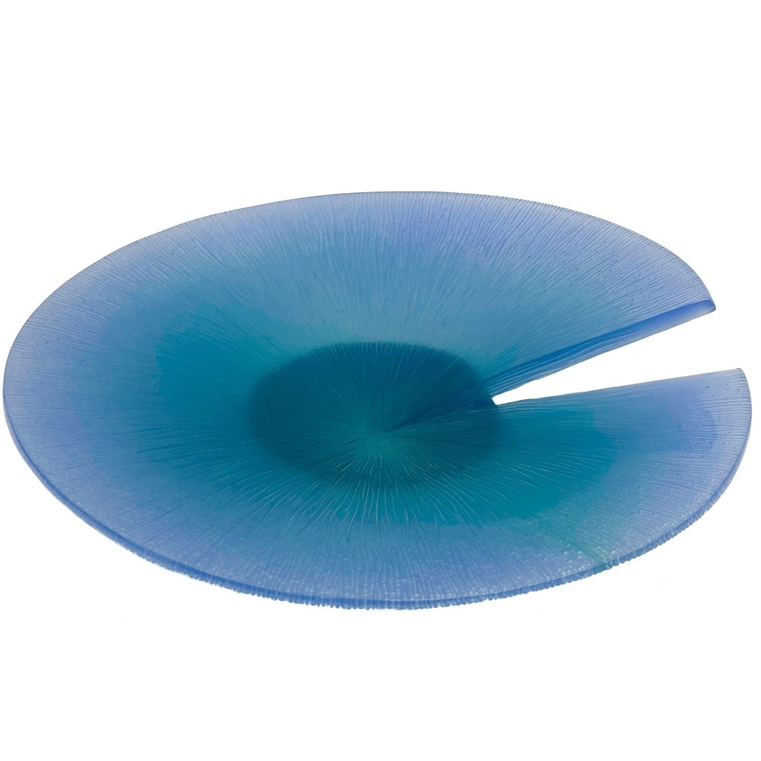 Daum France Pate de Verre Blue Glass Rototondo Coupe Lilypad Bowl Ltd Ed/125: Daum France Pate-de-Verre Blue Glass "Rototondo Coupe" Lilypad Form Decorative Bowl. Underside marked Daum France and numbered out of 125. Weight: Approx. 15 lb Measurements: Approx. 17.25 inches diam