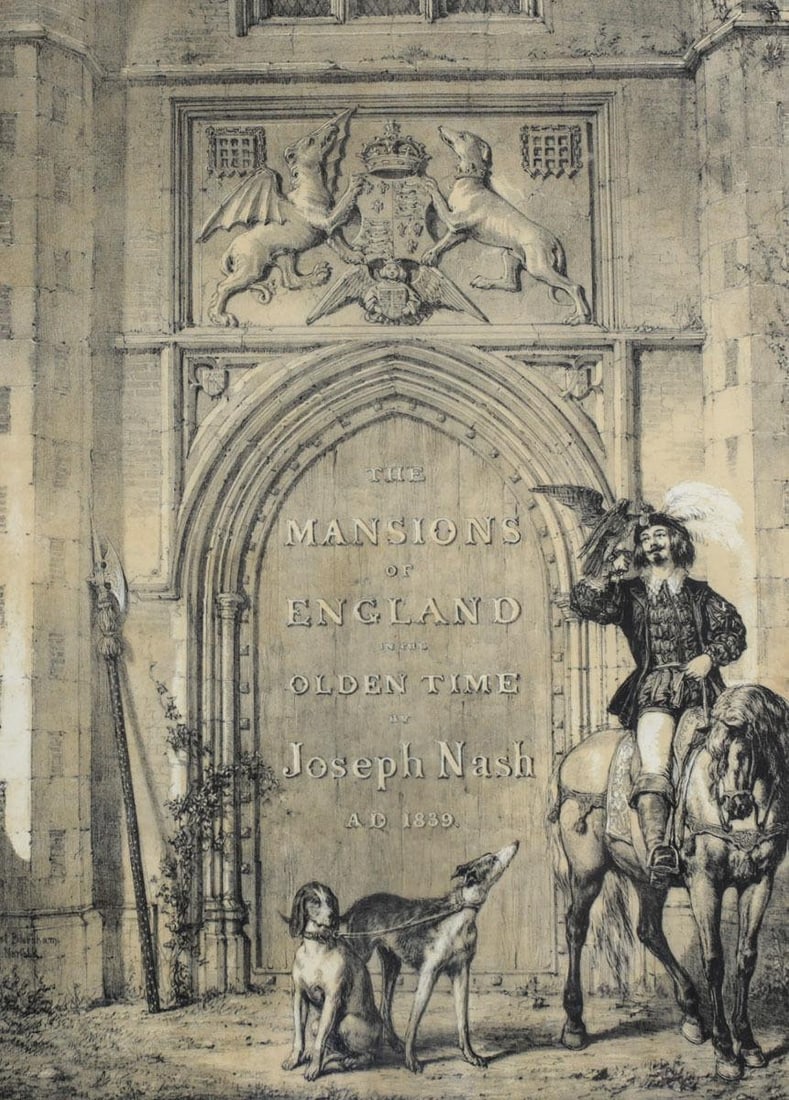 Joseph Nash Lithograph The Mansions of England 1839: Nash, Joseph Multi-stone Lithograph on paper, The Mansions of England in the Olden Time 1839 - Title Page, Published by T.M. Lean. Framed and glazed. Weight: Approx. 5.25lbs Measurements: Approx. Imag