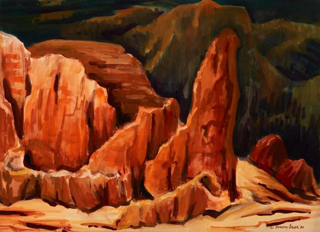 Dorothy Sklar Watercolor painting Bryce's Gold c1984: Dorothy Sklar (California 1906-1996), Watercolor painting on paper of an area of Bryce Canyon National Park, Utah. Signed and dated lower right; Titled en verso on a label affixed to the frame's cardb