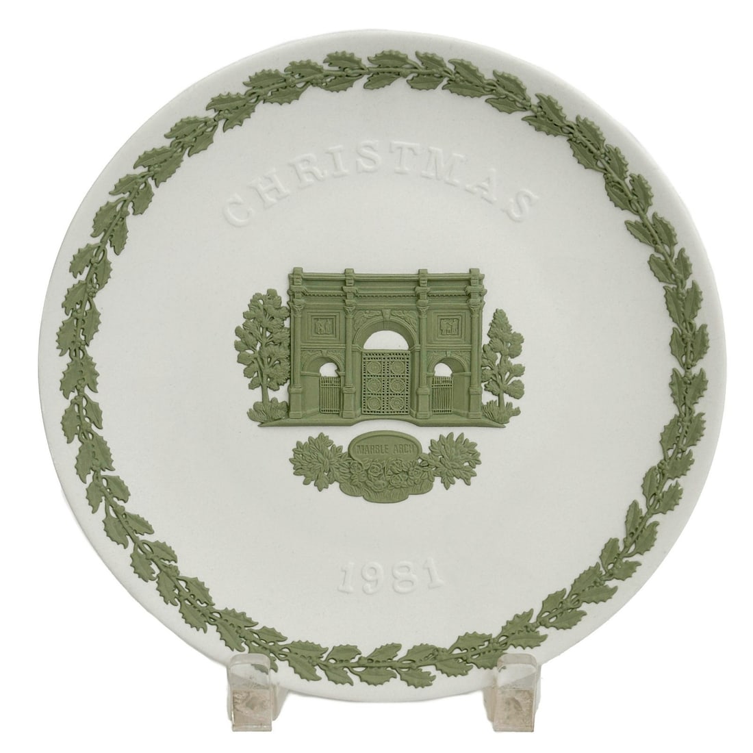 Wedgwood Green Jasperware Christmas 1981 Plate Signed Lord Wedgwood Box Ltd/750: Wedgwood England Green Jasperware Porcelain Christmas 1981 Plate. A white ground with sage green Christmas 1981 decoration. Wedgwood marks to the underside, hand signed by Lord Wedgwood. With original