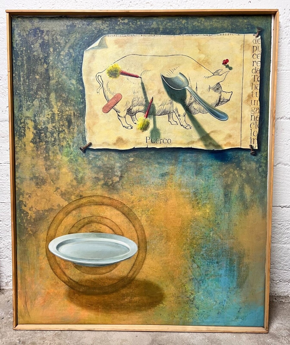 Roberto Garriga (Cuba 20-21st Century) Oil painting on Canvas Surrealist: Roberto Garriga (Cuba 20-21st Century) Oil painting on Canvas, Surrealist, Puerco. Unsigned. 12.2lbs (BR) Measurements: Approx. frame 32.5 x 40 inches; canvas 31.5 x 39.25 inches Condition: Painting i