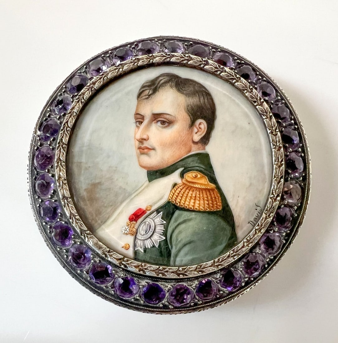 Napoleon Portrait Miniature Silver and amethyst gemstone Powder Box: Napoleon Portrait Miniature Silver and amethyst gemstone Box, gilt interior, mirror. Stunning portrait under beveled glass, signed "David". Surmounted by faceted amethyst stones. Indistinct mark. Meas