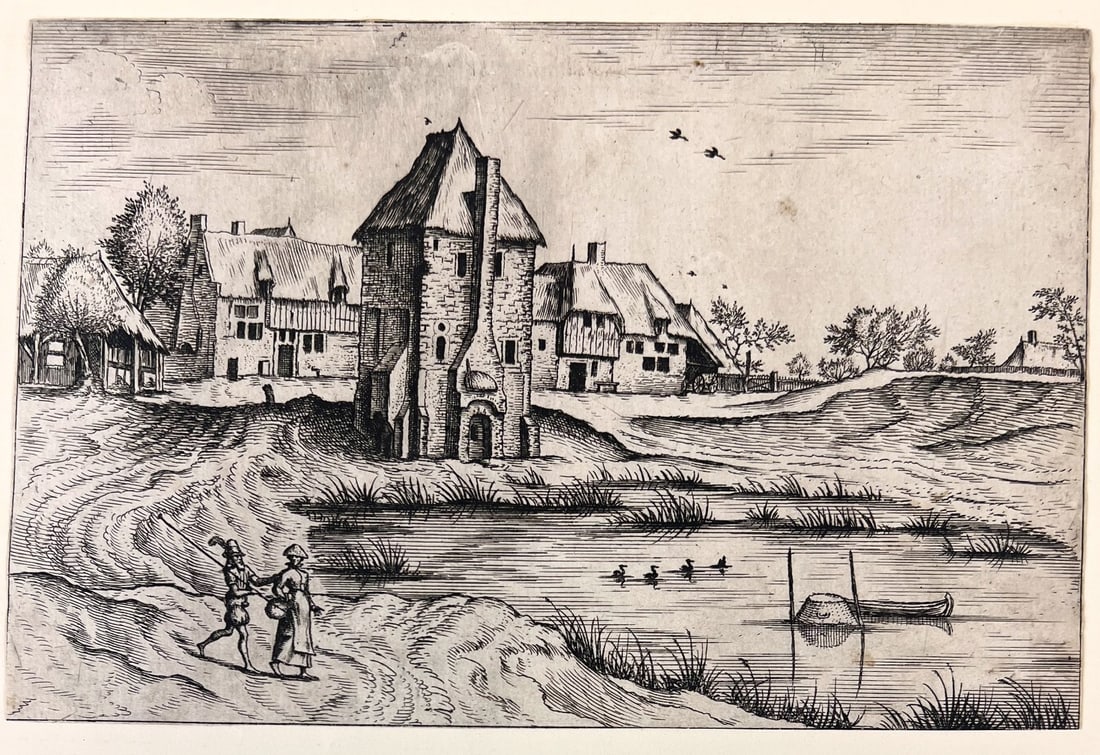 Johannes and Lucas van Doetecum Village Scene with pond c1560: Johannes van Doetecum I (Netherlands, 1528/32 -1605) Lucas van Doetecum (Netherland active 1554–72 - c1589) Etching on laid paper, title - Village Scene with pond; from Regiones et villæ rusticæ d