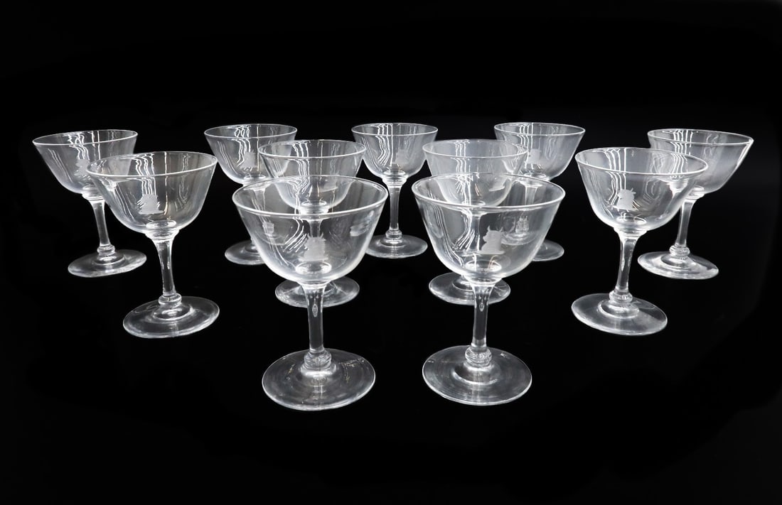 11 Steuben Art Glass White Wine Goblets in #7644 Heraldic Emblem Signed (1 of 6)