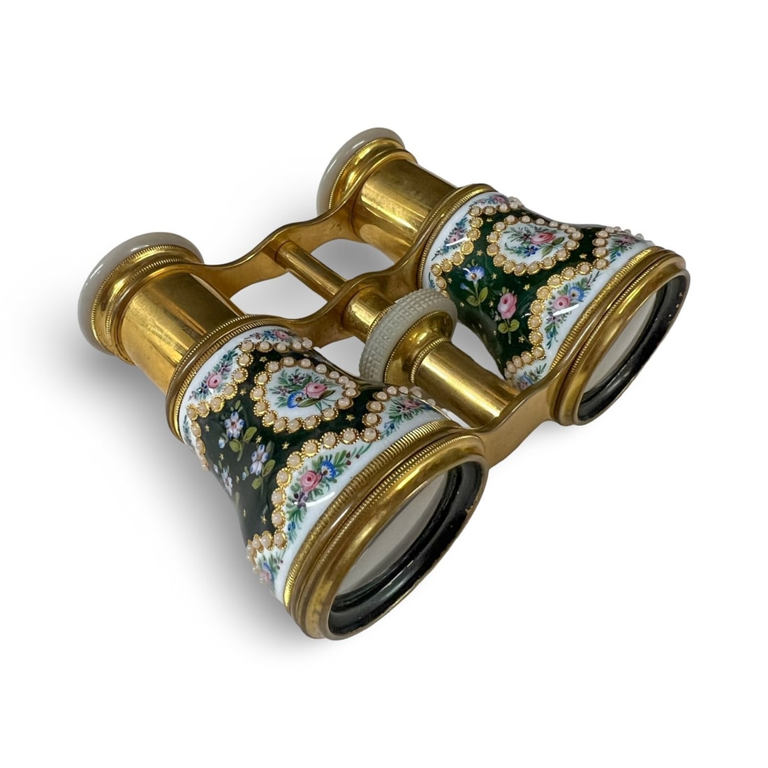 19th Century Lemaire French Jeweled Hand painted Enamel Opera Glasses: Antique French Jeweled Hand painted Enamel Opera Glasses, Gilt deep green enamel with jeweled details, florals and mother of pearl eye pieces, dial. Bee mark on the center hinge brace signifies they w