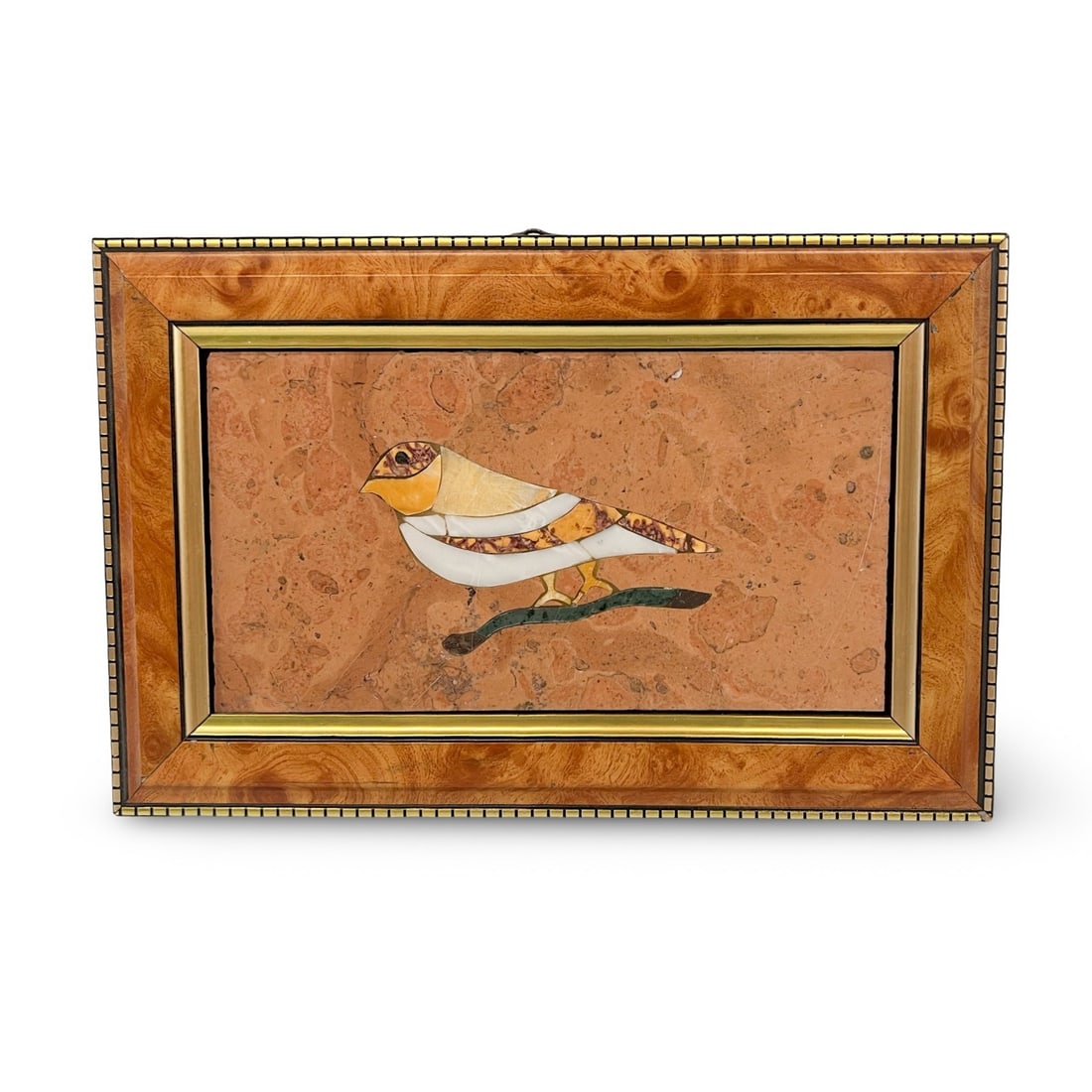 Vintage Florentine Pietra Dura Framed Bird Stone Inlay Italy: Florentine Pietra Dura Framed Bird, in natural toned stone inlays. Original dust paper on back. Made in Italy, c mid-late 20th century. (BF3) Measurements: Approx. frame 9.75 x 6.5 inches Condition: O