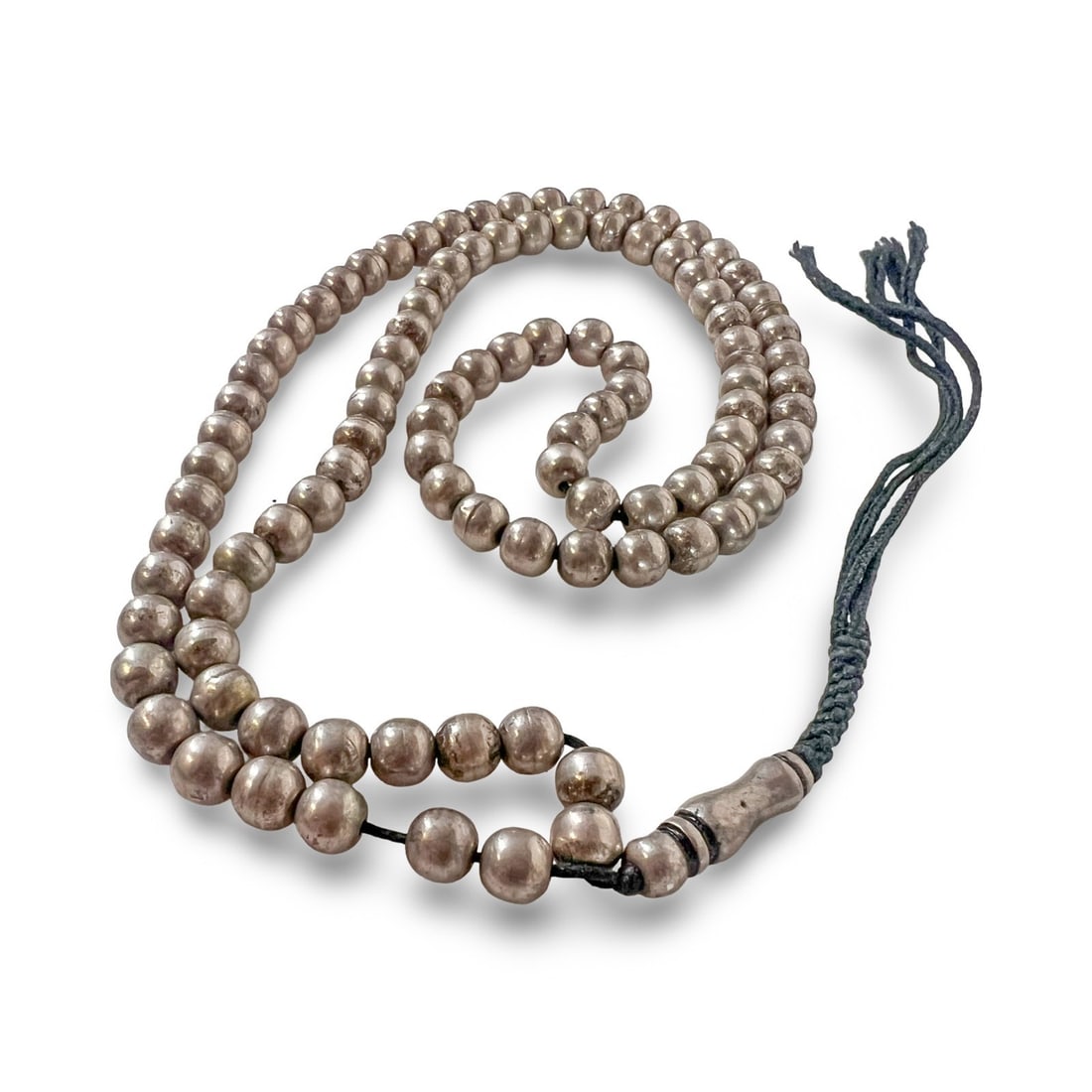 Antique 800 Silver Tasbih or Misbaha 99 prayer beads: 800 Silver Tasbih or Misbaha, c1910, Likely Moroccan, 102 beads total; small, spherical metal beads strung together with a traditional black thread tassel. Marked 800, tested silver. Measurements: App