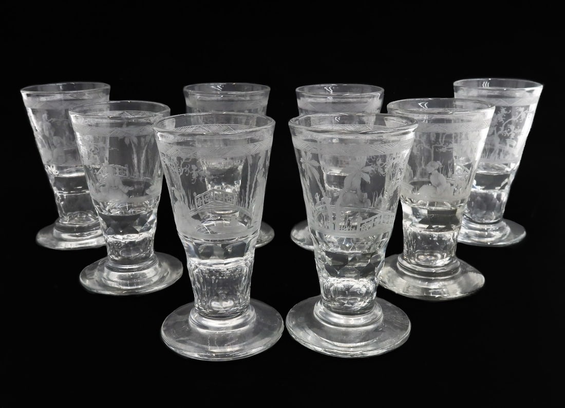 8 Chinoiserie Engraved Firing Glass 4.25 inch Wine Goblets circa 1840: 8 Chinoiserie engraved firing glass 4.25 inch wine goblets circa 1840. Engraved Chinese figures in a botanical setting with a triangular striped trim towards rim. Pontil underside. Weight:approx. 4 lb