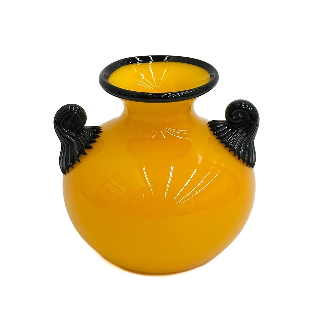 Michael Powolny for Loetz Orange and Black Art Glass Vase Applied Handles: Michael Powolny for Loetz Austria Art Glass Vase. An orange ground with applied back mouth and applied black glass twisted handles. Polished pontil to the underside. Apparently unmarked. Weight: Appro