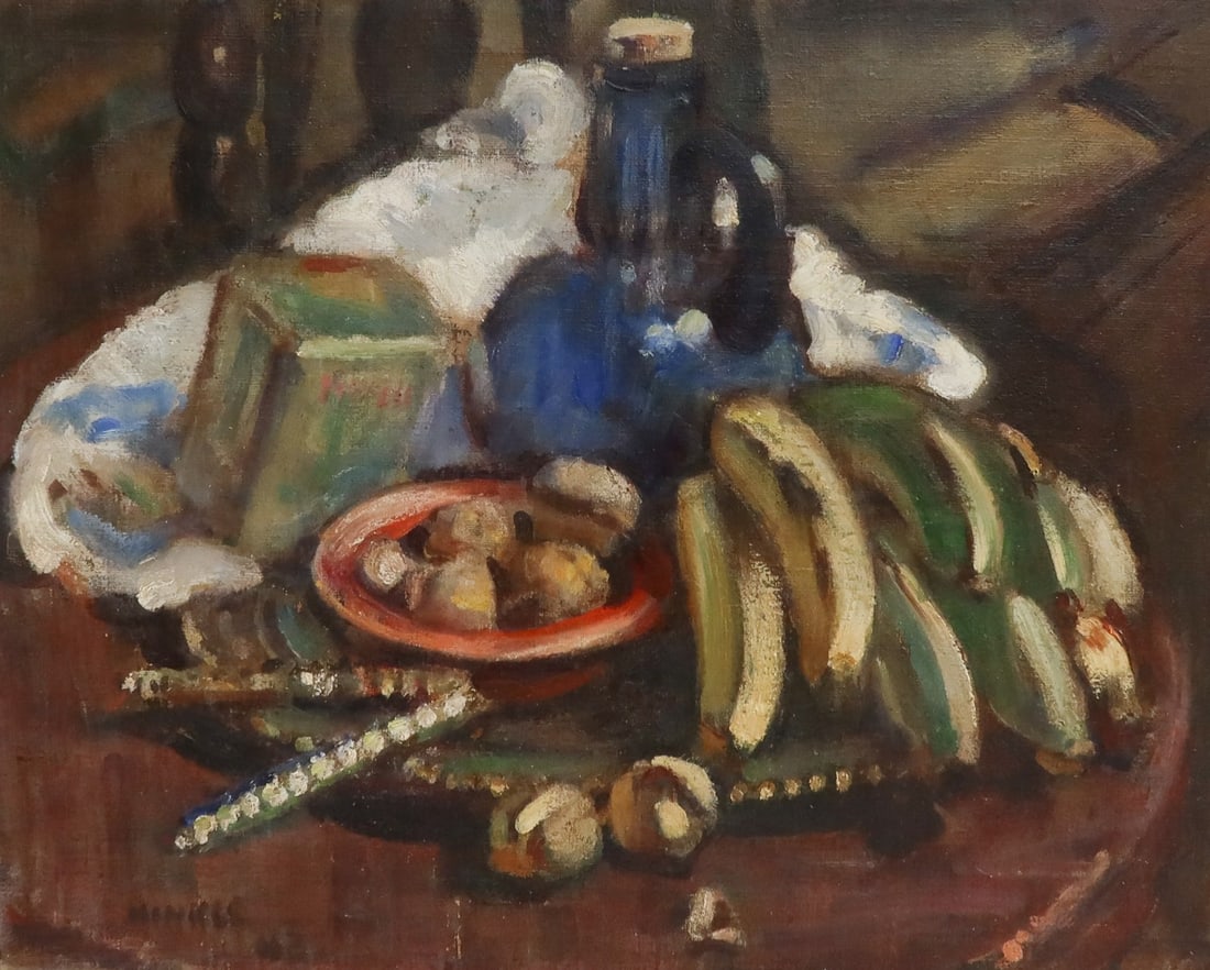 Clarence Hinkle (American 1880-1960) Oil on Canvas Painting Still Life: Clarence Hinkle (American 1880-1960) Oil on Canvas "Still Life" Painting. The still life painting depicts various foods and objects on a wooden table including bananas, walnuts, and a cobalt blue glas