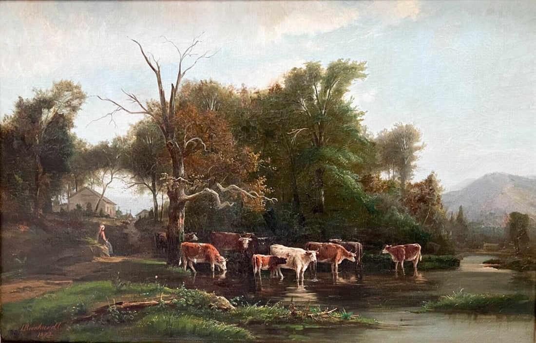 Louis Reichardt Oil Painting on Canvas Landscape with Cows, Signed: Large oil painting on canvas depicting a landscape scene with cows and a figure. Artist signed L. Reichardt and dated 1873 to the lower edge. (USL) Weight: Approx. 70 lbs Measurements: Approx. Canvas: