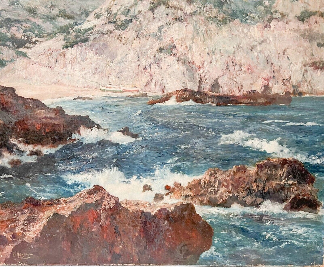 Manfred Hausman German 1892-1955 Seascape Craggy shore with small boats: Manfred Hausman (German 1892-1955) Seascape, Craggy shore, with small boats in the background. Signed lower left, unframed. Weight: Approx. 6.5lb Measurements: Approx. canvas 32 x 40 inches Condition: