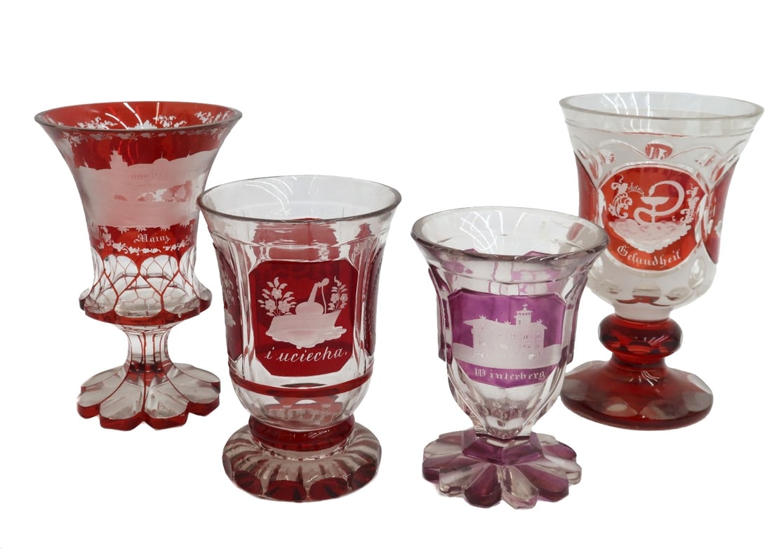 4 Bohemian Cranberry Red Cut Glass Wine Goblets Early 20th Century (1 of 7)