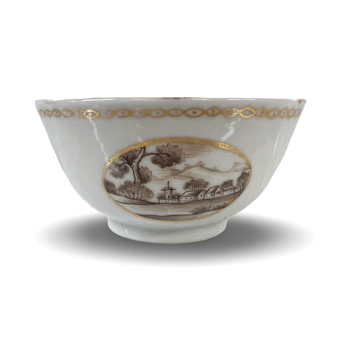 18th Century Chinese Export Bowl oval cartouche landscape scene gilt: early 18th-century Chinese export porcelain bowl hand painted sepia landscape in an oval reserve. Gilt motifs at the rim. ( we have two plates on a different listing) Measurements: Approx. 3.5 inches 