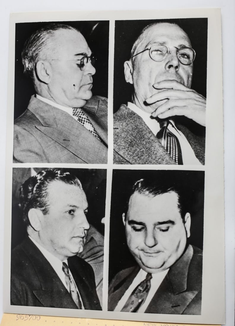 Acme Newspictures Photograph 1951 Gangster Mob Dandy Phil Kastel John J. Fogarty: Dandy Phil Kastel John J. Fogarty, Carlos Arcello, Joseph Poretto Acme Newspictures Photograph 1951; Gangster Mobster Mafia Murder Inc Organized Crime Memorabilia. Attached "slug" notation, in part, r