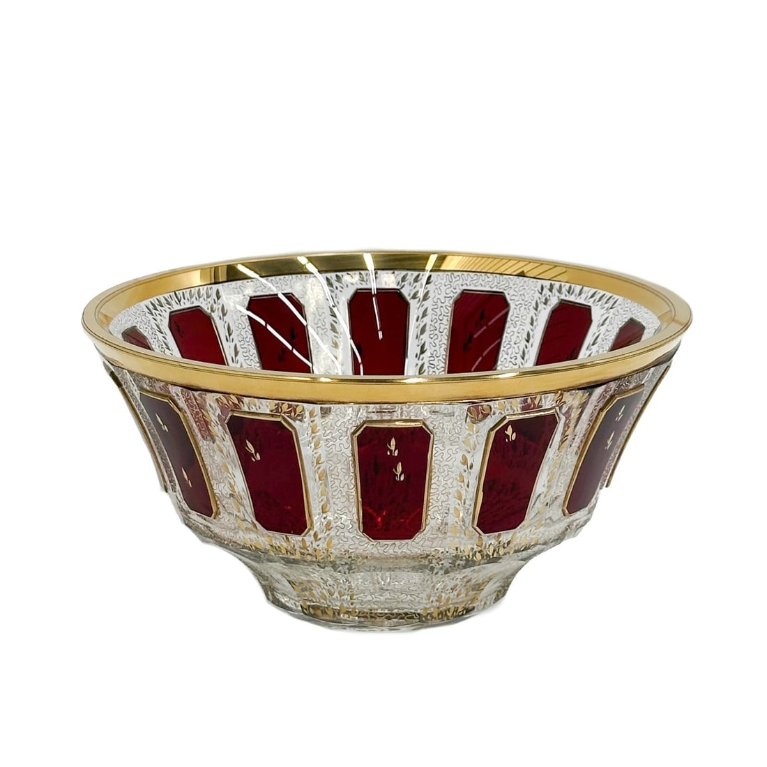 Moser Cranberry Red Cut to Clear Cabochon Gilt Glass Bowl: Cranberry Red Cut to Clear Cabochon Glass Bowl, attributed to Moser. Panels of red to the sides, gilt accents. Apparently unsigned. Weight: Approx. 1 lb Measurements: approx. 6.5 inches diameter x 3.1