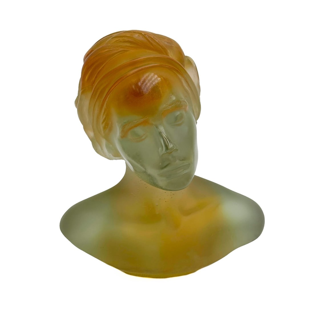 Daum Pate de Verre Glass Sculpture La Persane MP Deville Chabrolle Ltd Ed/375: Daum Pate-de-Verre Art Glass Sculpture La Persane by MP Deville Chabrolle. Yellow and green pate-de-verre art glass sculpture depicting a woman with her eyes closed. Back shoulder marked with artist's