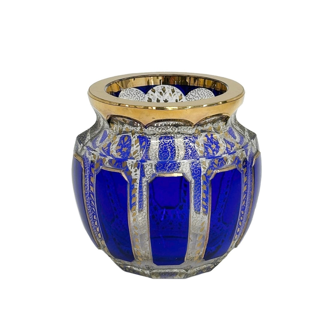 Moser Cobalt Blue Cut to Clear Cabochon Gilt Glass Vase: Blue Cut to Clear Cabochon Glass Vase, attributed to Moser. Panels of blue to the sides, gilt accents. Polished pontil to the underside, apparently unsigned. Weight: Approx. 2 lb Measurements: approx.