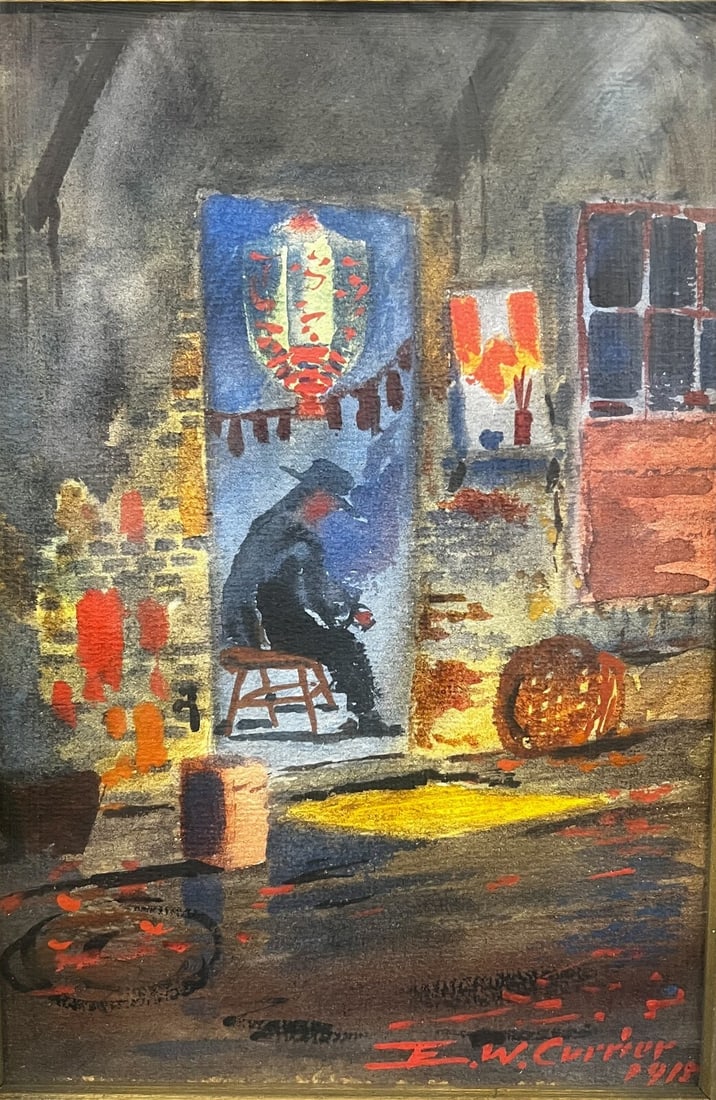 Vintage Edward Wilson Currier Watercolor painting Chinatown: Edward Wilson Currier (American 1857–1918) Watercolor painting on paper, untitled, appears to be a figure standing below a Chinese lantern. 2lbs an American painter and illustrator. Born in Marietta