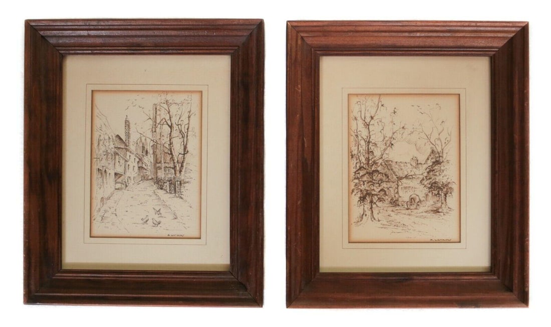 R. Watkins Pair of Pen Drawings Landscapes with cottage and village street scene: Pair of Pen Drawings on paper, Landscapes with cottage and village street scene, c1920, signed "R. Watkins" lower right. Wood frame and glazed. 3lb Measurements: Approx. Drawing image 5 x 6.5 inches; 