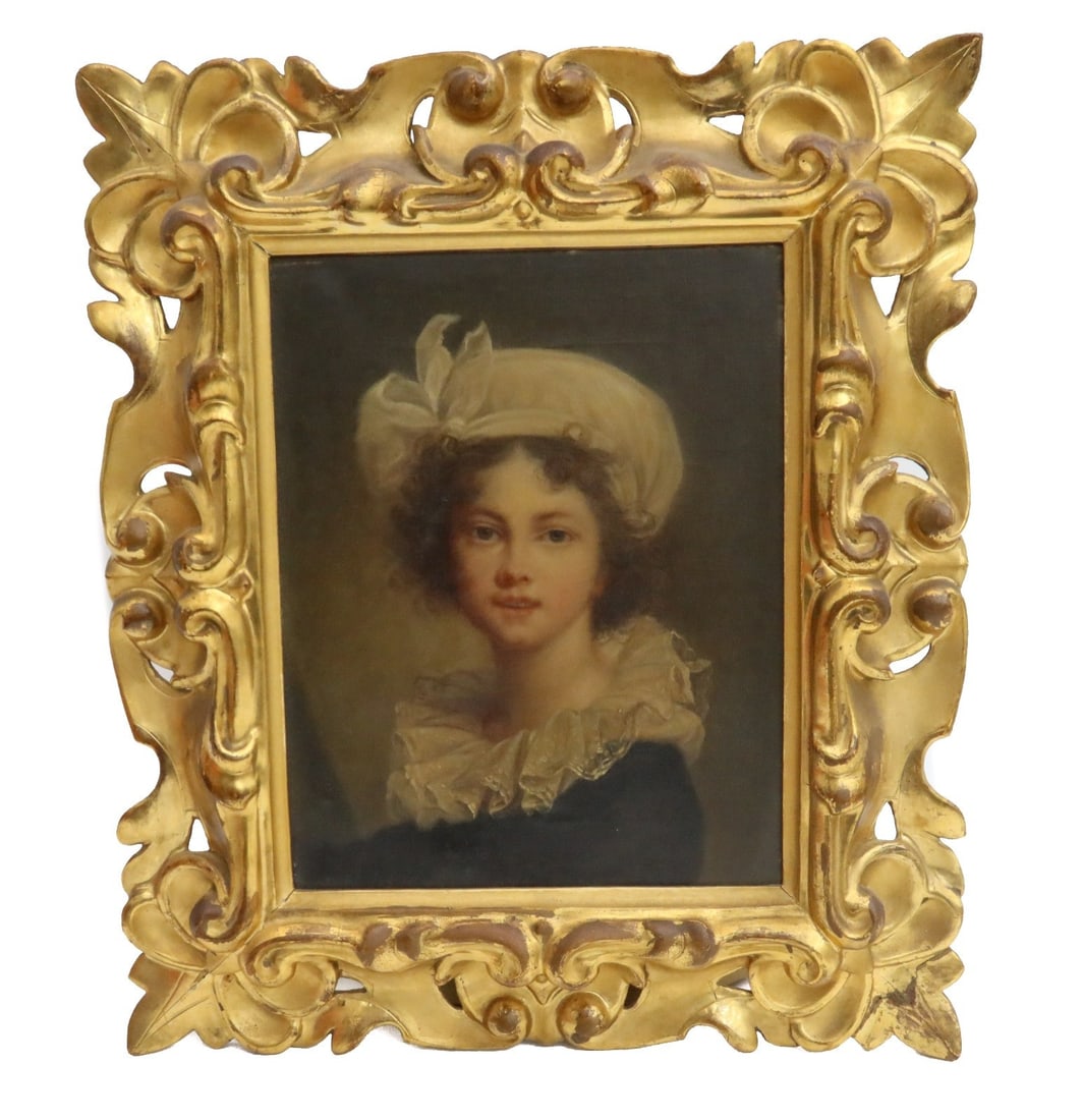 19th Century Oil on Canvas Portrait Painting of Madame Elisabeth Le Brun: 19th Century oil on canvas portrait painting of Madame Elisabeth Louise Vigée Le Brun, the official favored artist of Queen Marie Antionette. Unsigned. In a gilt foliate scroll wood frame. Weight: Ap