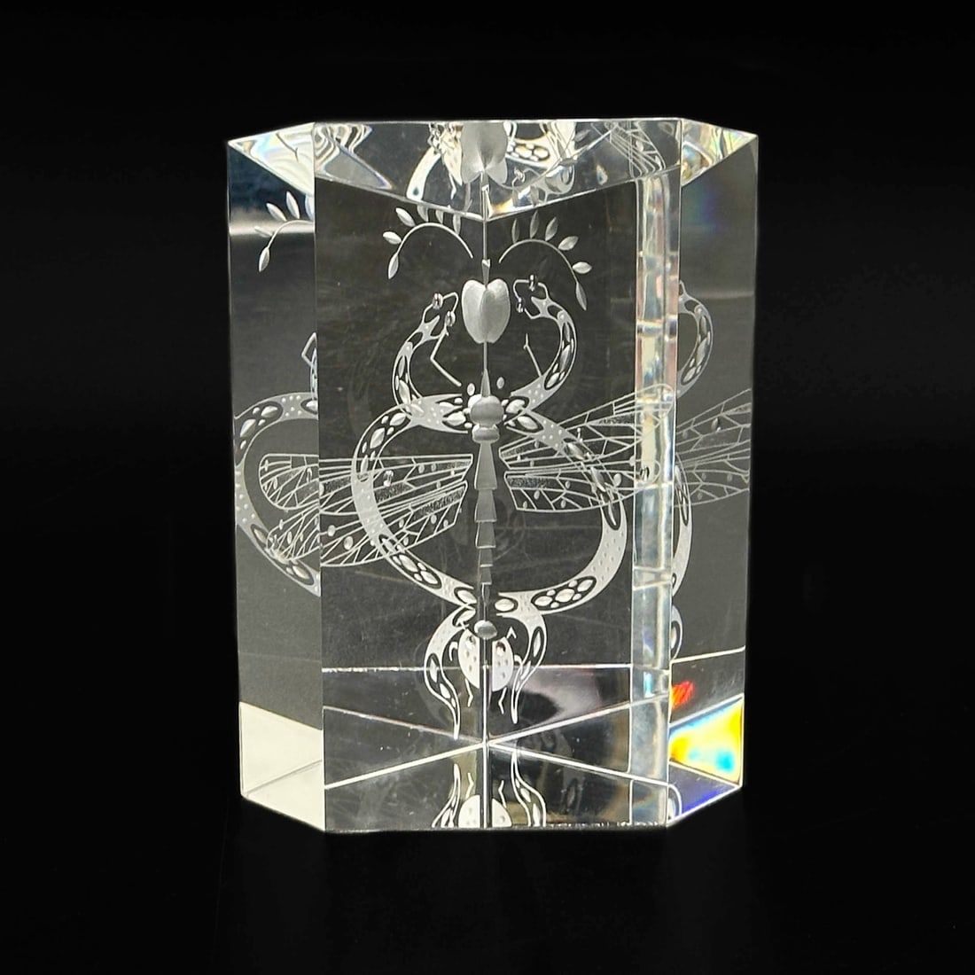 Steuben Art Glass Sculpture Garden of Eden Dragonfly by Bernard X Wolff w/Box: Steuben Art Glass Sculpture "Garden of Eden" by Bernard X. Wolff 1984. Glass prism with engraved Dragonfly. Underside marked Steuben "BXW" 10. With original red leather fitted box. Weight: Approx. 6.5