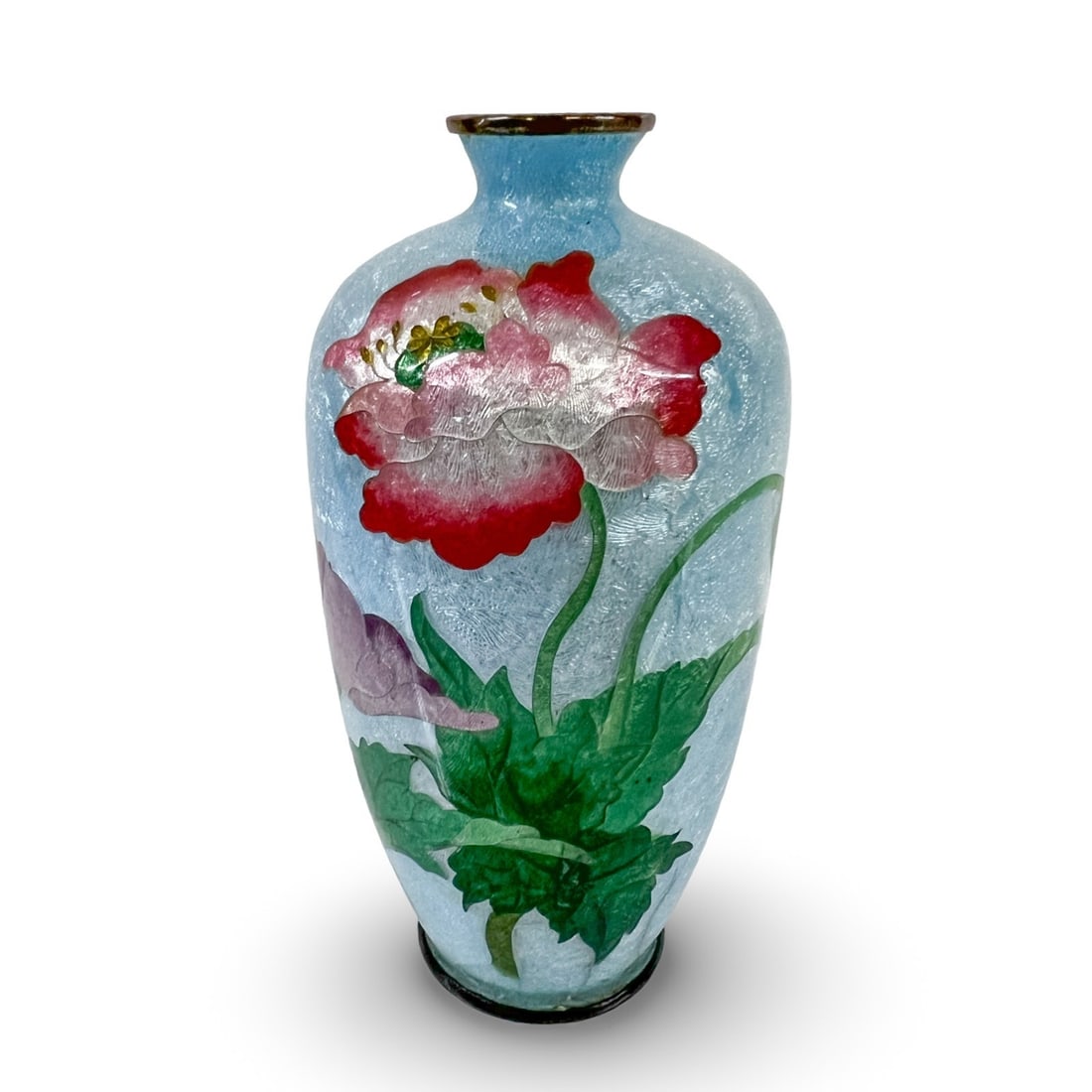 Miniature Japanese Meiji Japanese ginbari cloisonne enamel vase Matsuya: Miniature Japanese Meiji Period Japanese ginbari cloisonne enamel vase by Matsuya. Makers mark on underside. Measurements: Approx. 5 inches height x 2.5 inches diameter Condition: Good condition, some