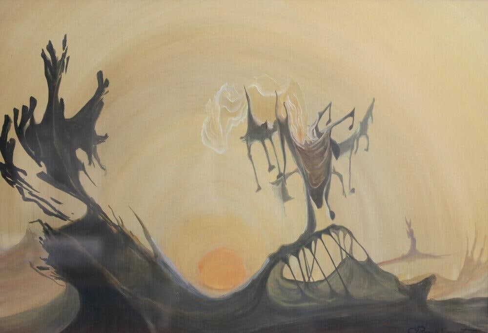 C.B. Simonet 20th C Surrealist Gouache Painting Landscape in black wood frame: C. B. Simonet (20th Century) Gouache Painting on paper, Surrealist Landscape, signed, dated 1954 lower right, in black wood frame, glazed. 6 lb. Measurements: Approx. Painting image 19 x 13 inches; fr