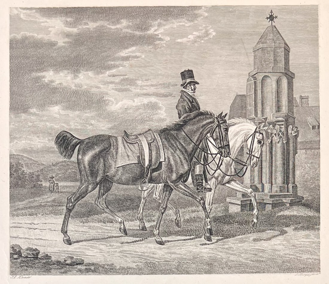 Daniel David Burgdorfer Engraving equestrian scene c1850: Daniel David Burgdorfer (Swiss 1800-1861) Engraving on paper, equestrian scene featuring a gentleman in a top hat leading and riding horses, c1820-50. Hinge mounted to folio. Burgdorfer most recognize
