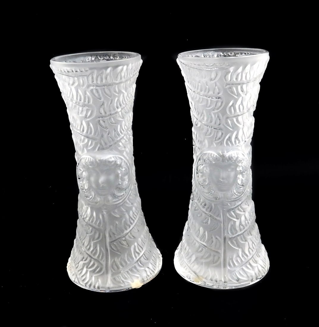 Pair Lalique France Frosted Glass Vases in Psyche Signed: Pair Lalique France Frosted Glass Vases in Psyche. Engraved fern leaves throughout. The center depicting the face of Psyche- the goddess of the human soul, and wife of Eros in Greek Mythology. Weight: