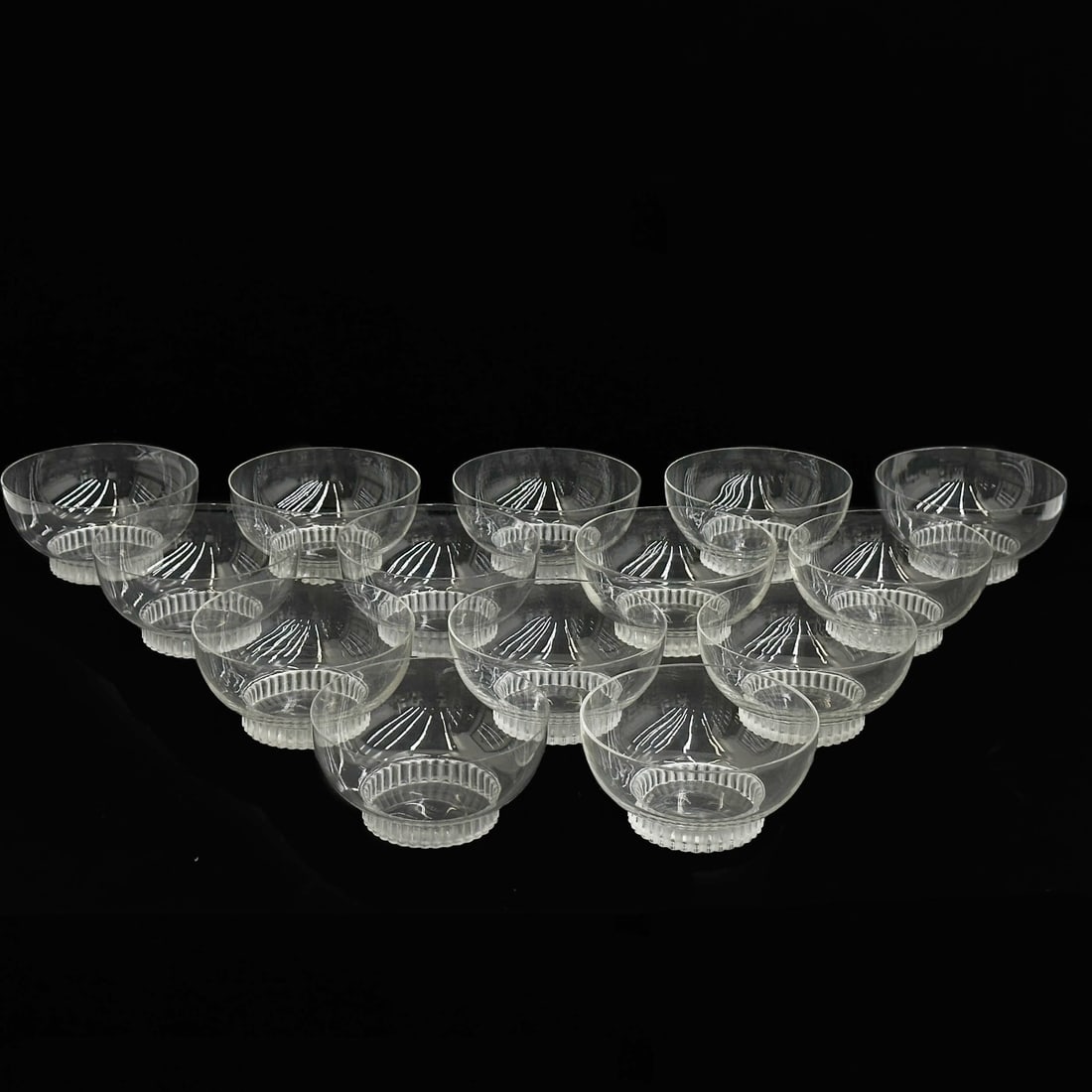 15 Lalique France Clear Glass Small Fruit Bowls in Bambou Bamboo Signed: 15 Lalique France Glass Small Fruit or Dessert Bowls in Bambou. Clear glass bowls with bamboo pattern feet. Underside marked Lalique France. Weight: Approx. 6 lb Measurements: Approx. 4.825 inches dia