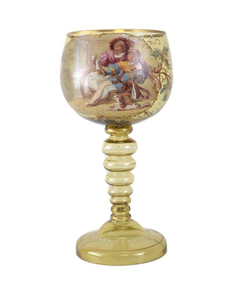 Large Continental Bohemian Hand Painted Enamel Blown Goblet Amber 19th century: Large Continental / Bohemian Stunning Hand Painted Enamel Blown Goblet, Amber colored glass, the cartouche features a medieval pub scene, two men, one with a mandolin, a dog at their feet, classical a