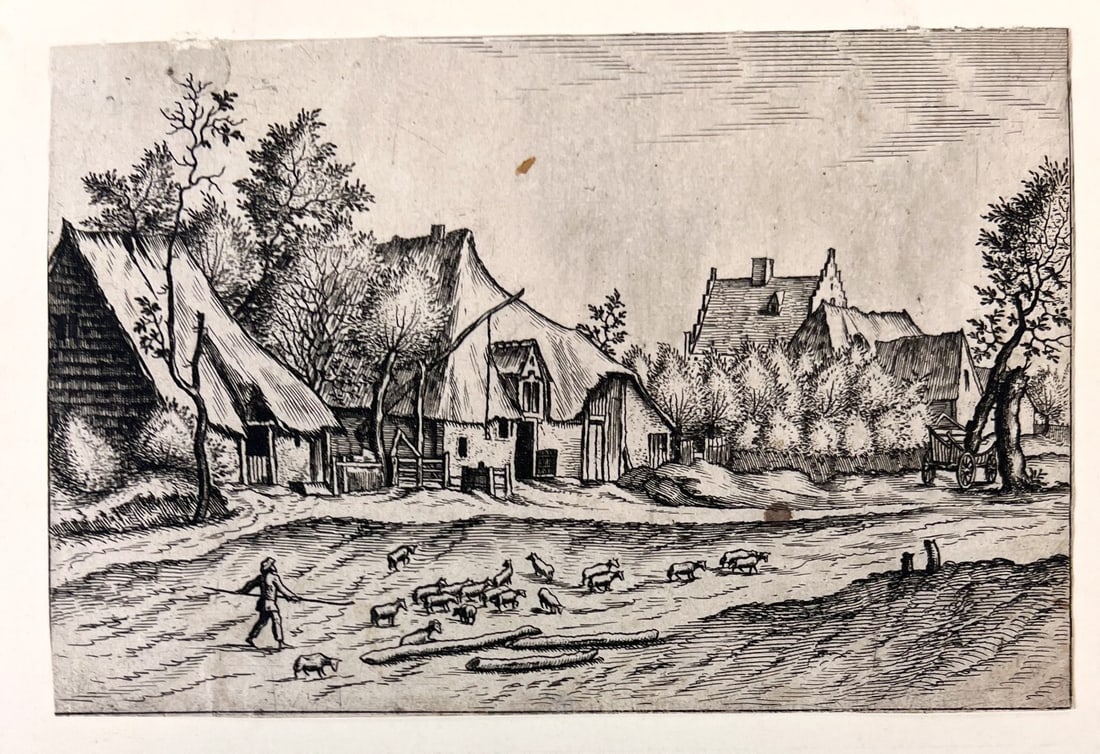 Johannes & Lucas van Doetecum Village c1560 Master of the Small Landscapes: Johannes van Doetecum I (Netherlands, 1528/32 -1605) Lucas van Doetecum (Netherland active 1554–72 - c1589) a very rare etching on laid paper, title - a Village Scene; from Regiones et villæ