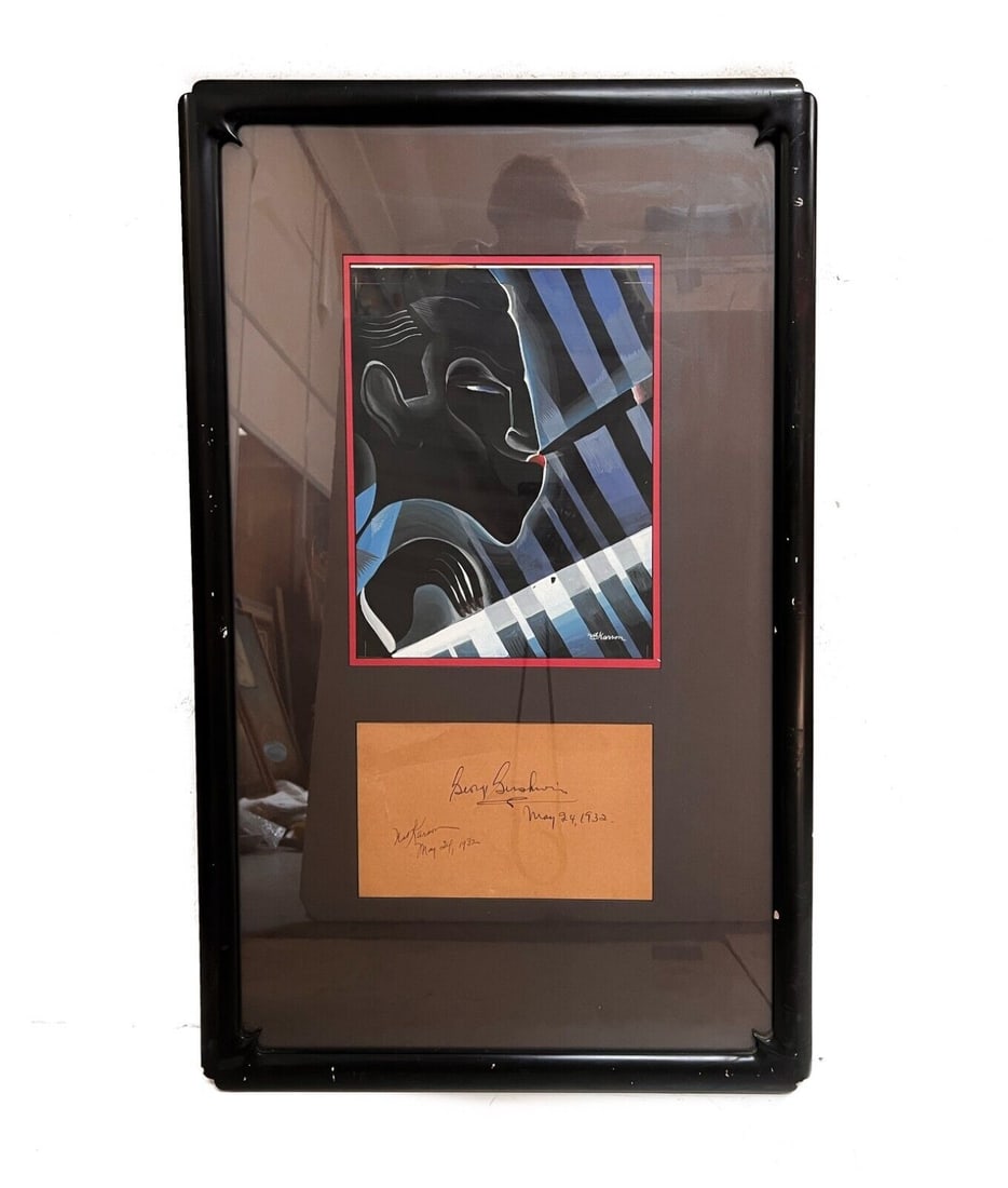Nat Karson Caricature Painting and Autograph George Gershwin c1930: Nat Karson (Swiss American 1908-1954) Caricature painting of George Gershwin, with an Autograph of George Gershwin as well as the artist. Autographs dated 1932. Black lacquer frame and glazed. Approx.